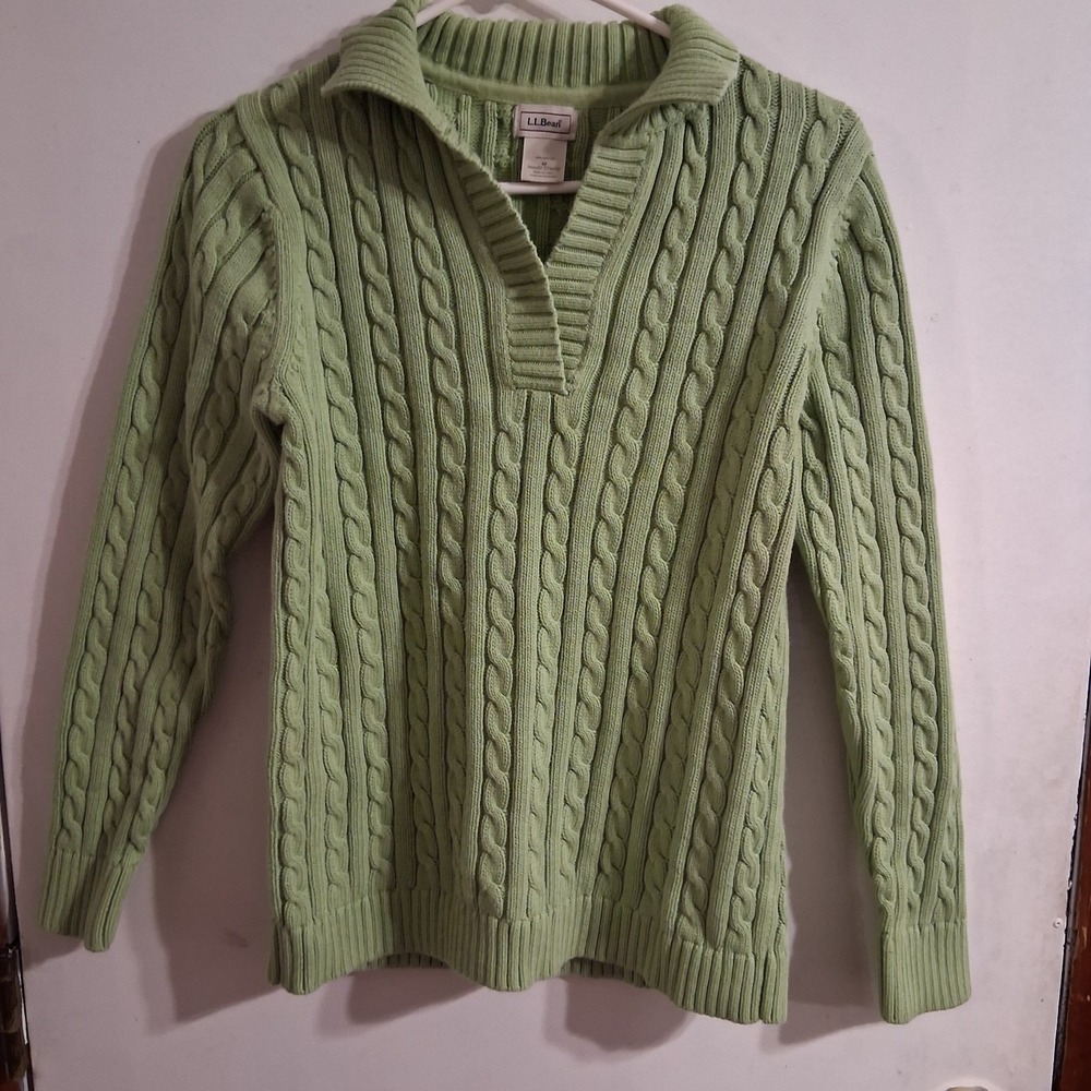 LL Bean Sweater Womens M Fisherman Cable Knit Chunky Green Collared‎ Grandma EUC